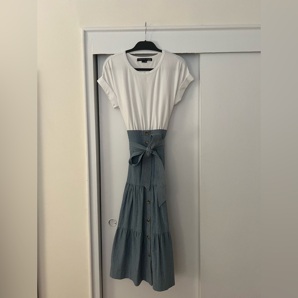 Veronica Beard Emmitt Tie-Waist Chambray Midi Length Dress
